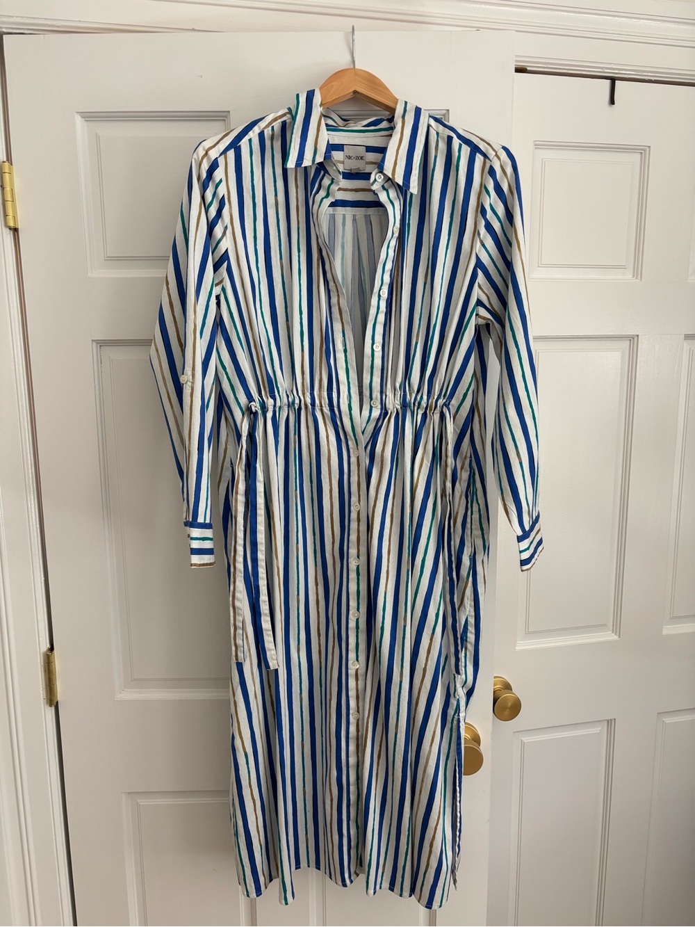 NIC+ZOE Striped Maxi Shirt Dress in Blue, Teal, Tan & White